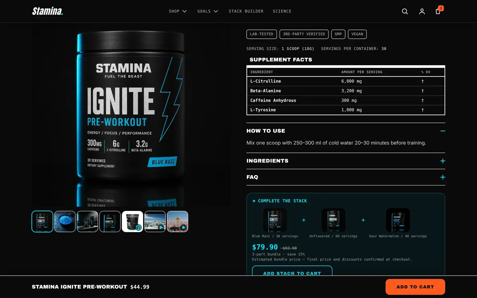 Product page facts block with dosage table visible